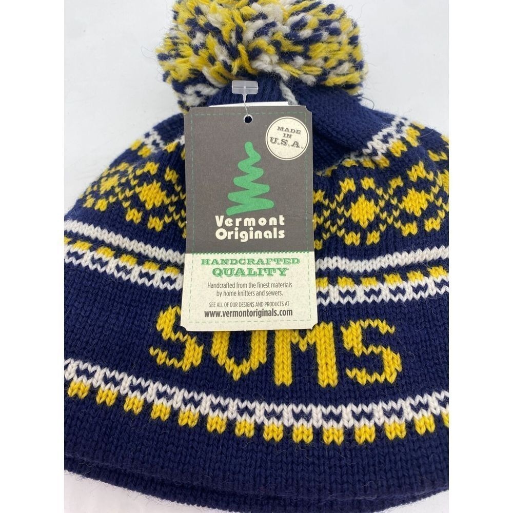 Vermont Originals Turtle Fur Beanie Kids Navy Yellow Wool Yarn Hat Winter NEW
